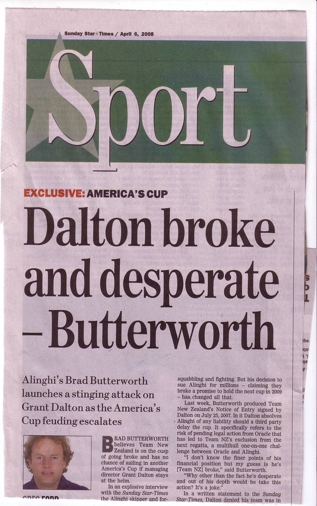 Front page of Sports Section of Sunday Star Times 5 April 2008 photo copyright Event Media taken at  and featuring the  class