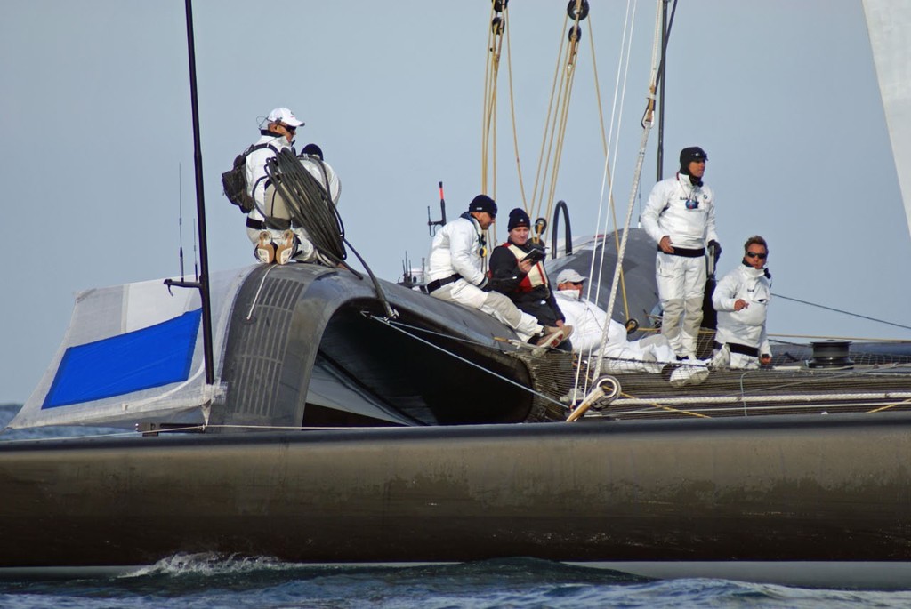 BMW Oracle racing wait for the start of Race 2, which got underway just five minutes before the prescribed deadline. photo copyright Richard Gladwell www.photosport.co.nz taken at  and featuring the  class