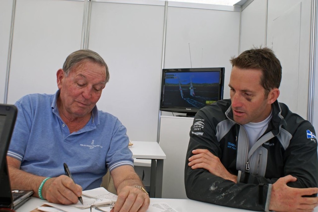 TeamOrigin skipper, Ben Ainslie debriefs Bob Fisher immediately after the race in the Louis Vuitton Media centre photo copyright Richard Gladwell www.photosport.co.nz taken at  and featuring the  class