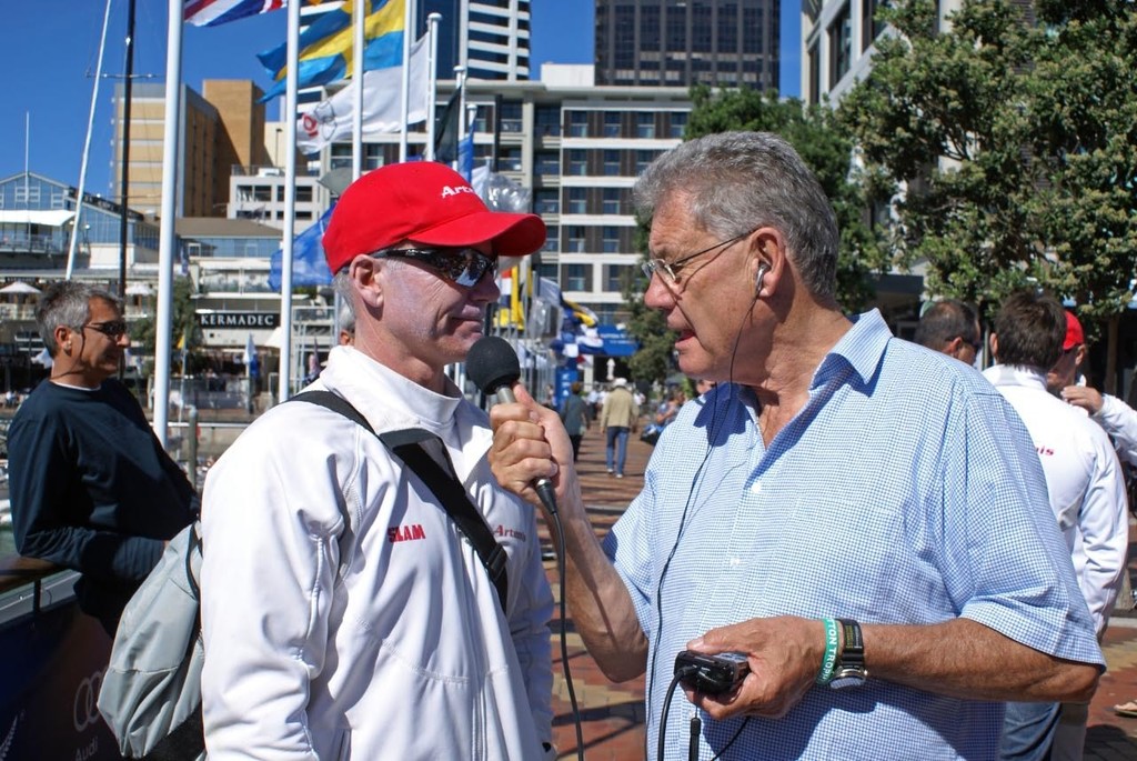 Tactician Terry Hutchinson (USA) is questioned by Newstalk ZB’s Peter Montgomery after racing in the Louis Vuitton Pacific Trophy in Auckland - photo © Richard Gladwell www.photosport.co.nz