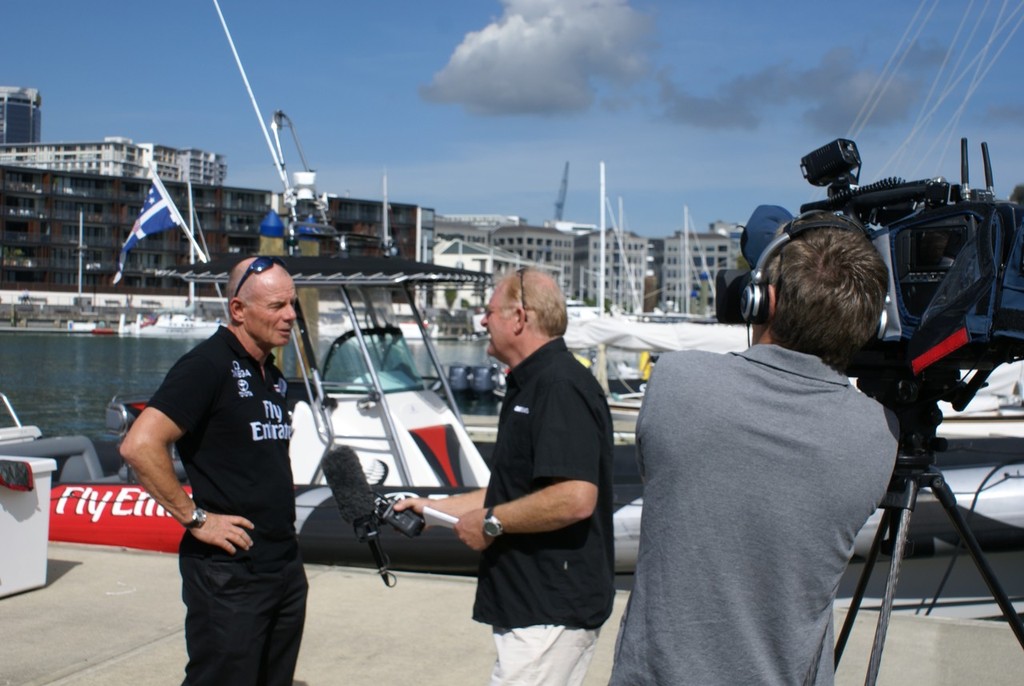 Emirates Team NZ CEO, Grant Dalton talks with TVNZ's Martin Tasker - photo © Richard Gladwell www.photosport.co.nz