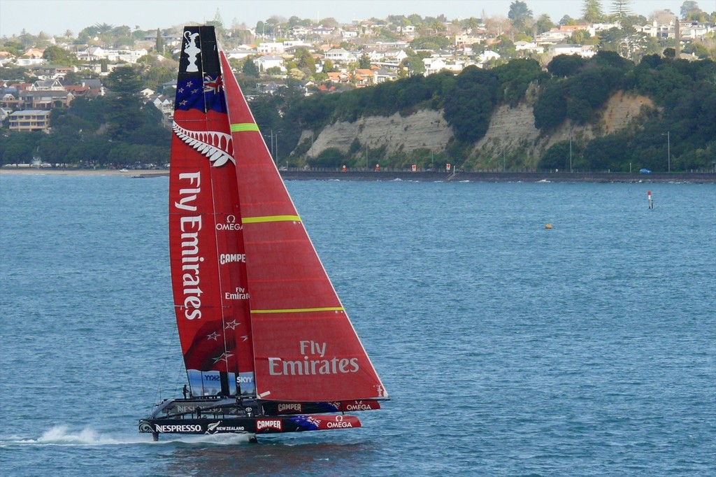 4 - AC72 - New Zealand fully lifted on her L-Foils and sailing on the Waitemata Harbour, Auckland, New Zealand. © Swan Images http://www.sail-world.com