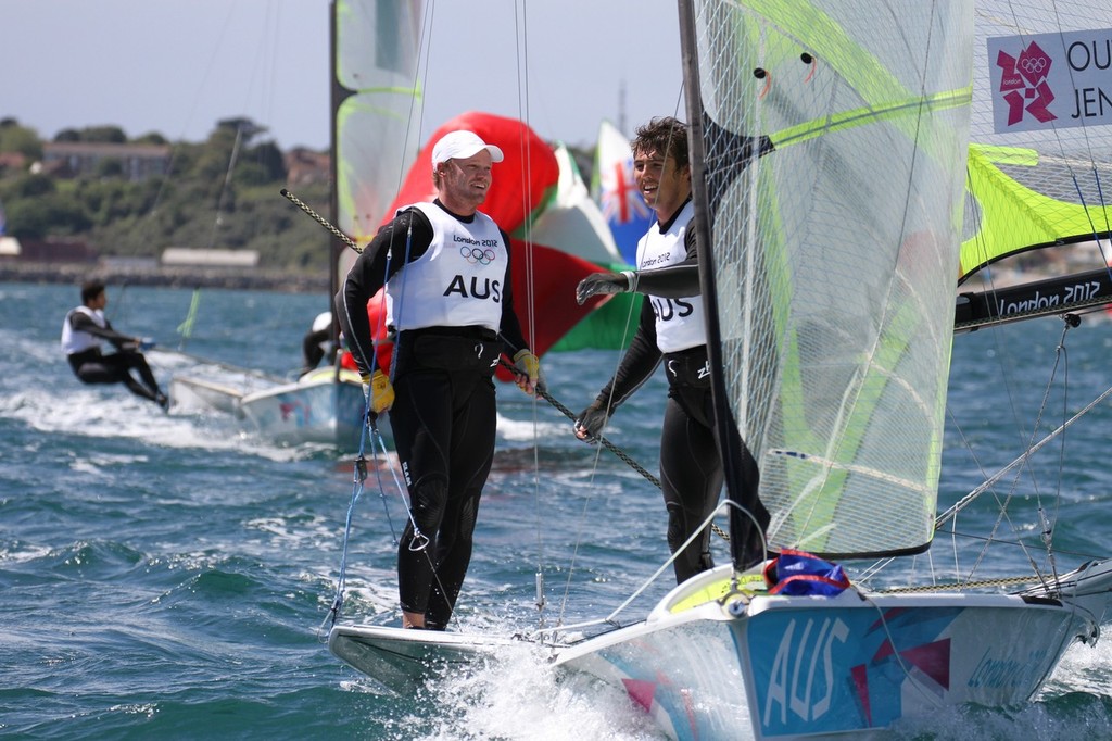 July 30, 2012 Weymouth, England - Nathan Outteridge and Iain Jensen (AUS) after winning Heat 2 of the Mens Skiff (49er) - photo © Richard Gladwell www.photosport.co.nz