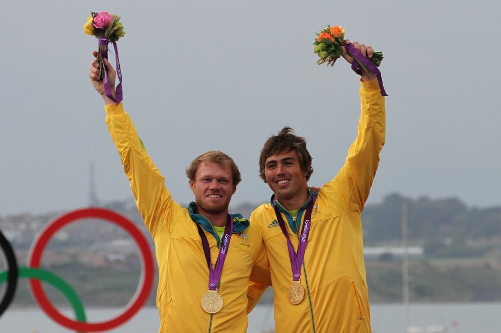  August 8, 2012 - Weymouth, England -Nathan Outteridge and Iain Jensen (AUS) after their Gold Medla presentation for the 49er - photo © Richard Gladwell www.photosport.co.nz