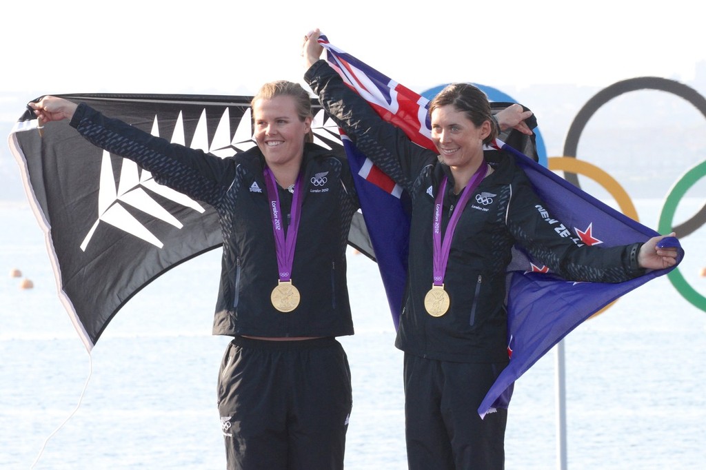  August 10, 2012 - Weymouth, England - Olivia Powrie and Jo Aleh after being presented with the Gold Medal in the Womens 470 - photo © Richard Gladwell www.photosport.co.nz