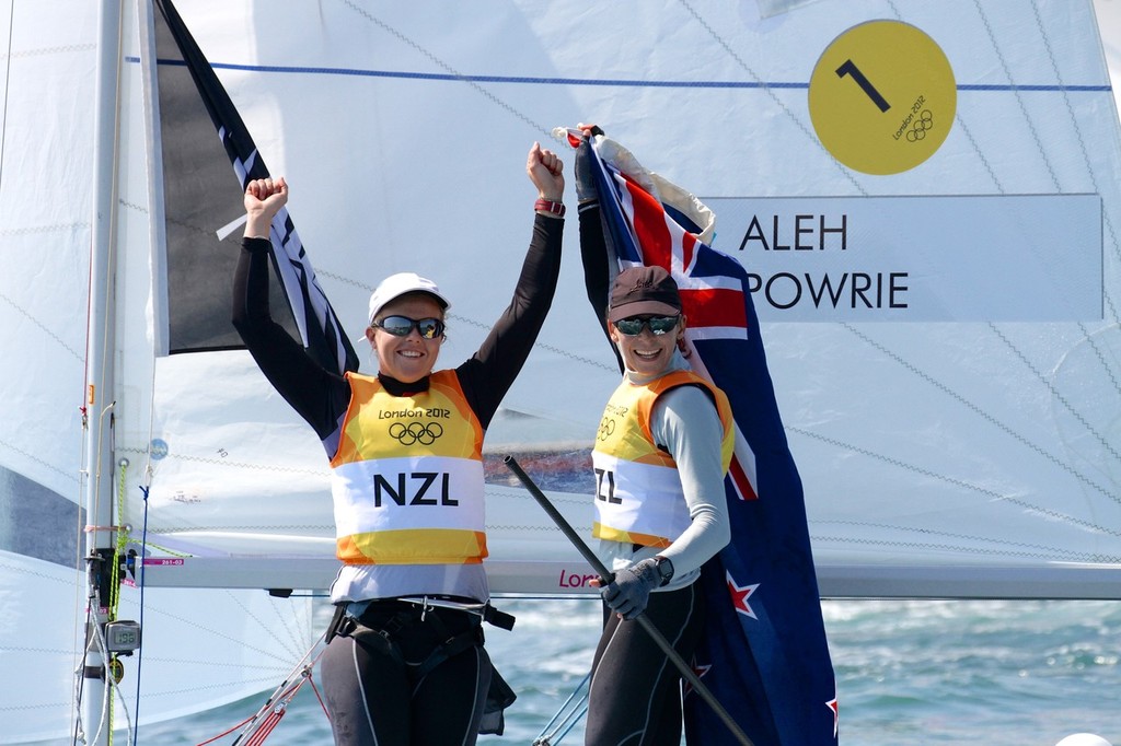 Olivia Powrie and Jo Aleh salute the Nothe crowd soon after winning the Gold Medal at Weymouth in August 2012. - photo © Richard Gladwell www.photosport.co.nz