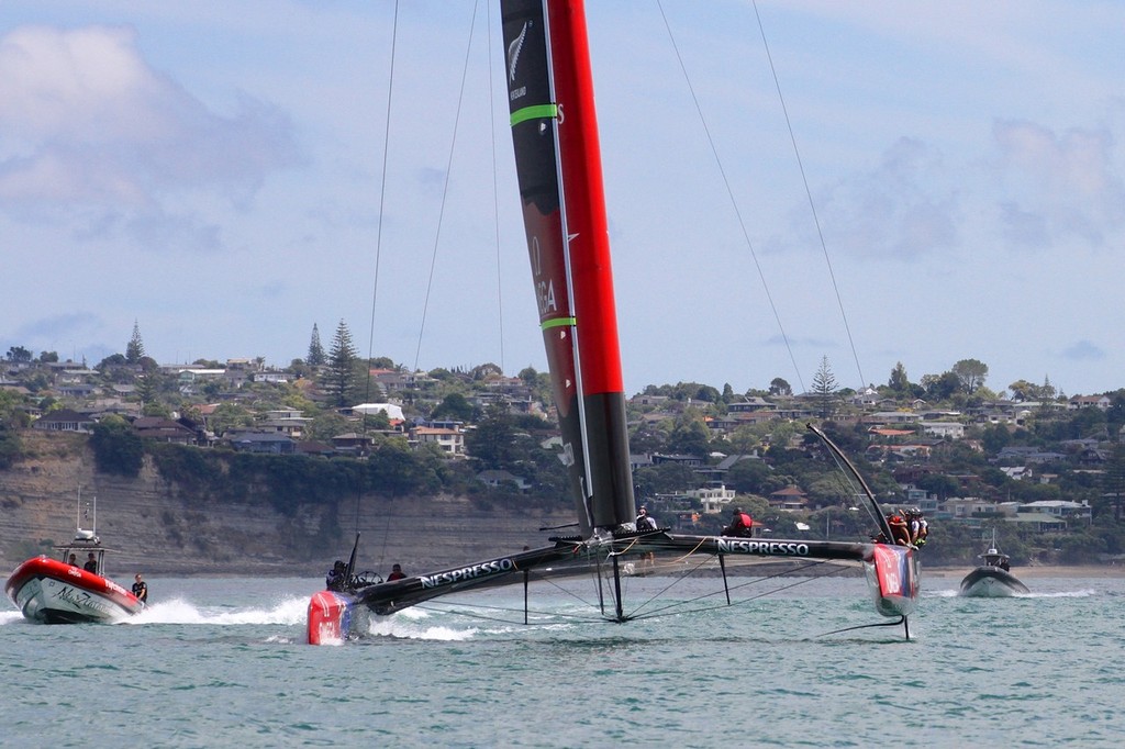 Team tender to starboard, Oracle spy boat to port - Emirates Team NZ - AC72 Aotearoa February 12, 2013 - photo © Richard Gladwell www.photosport.co.nz