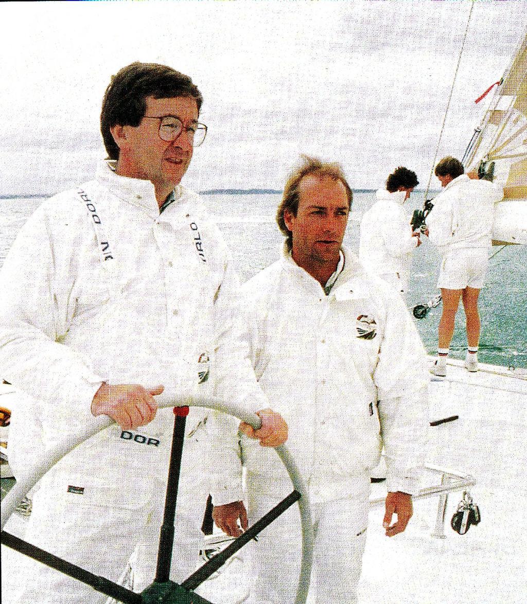 Sir Michael Fay and David Barnes (right) aboard KZ-1, the 1988 America&rsquo;s Cup Challenger photo copyright SW taken at  and featuring the  class