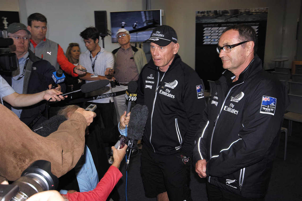 Grant Dalton (left) and Russell Green Emirates Team NZ’s Rules Adviser at this morning’s media conference in San Francisco photo copyright Chuck Lantz http://www.ChuckLantz.com taken at  and featuring the  class