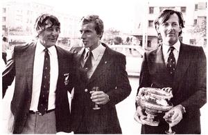 An elated Ian Gibbs (left) with the skipper of second placed Victory (GBR) and British team manager, Robin Aisher (right)after the prizegiving for the 1981 Admirals Cup - photo © NZ Yachting