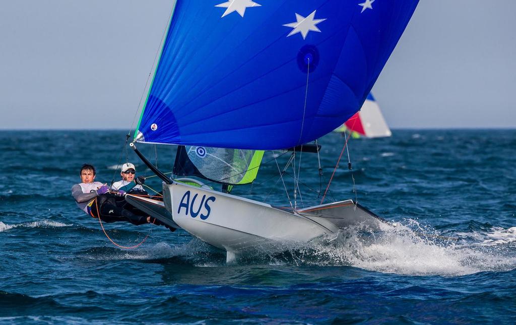 49er crew of Nathan Outteridge and Iain Jensen (AUS) sailing on Day 8 on the Copacabana course - Rio 2016 Olympic regatta photo copyright Sailing Energy / World Sailing taken at  and featuring the  class