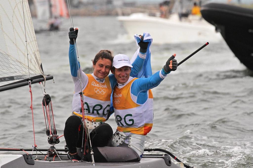 The Mixed crew concept got a big tick from the IOC in Agenda 2020 - Santiago Lange and Cecila Carranza Saroli (ARG) celebrate after winning the Gold Medal in the Nacra 17 Medal race. - photo © Richard Gladwell www.photosport.co.nz