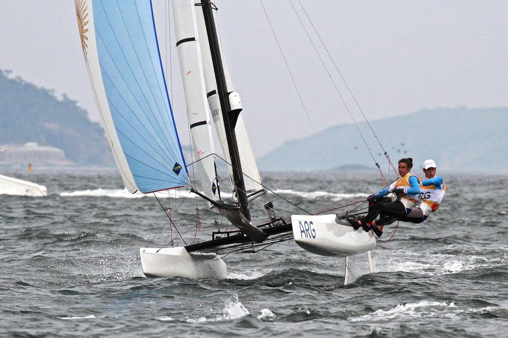 Santiago Lange and Cecilla Saroli about to round the leeward mark in the Nacra 17 Medal race. Summer Olympics - photo © Richard Gladwell www.photosport.co.nz