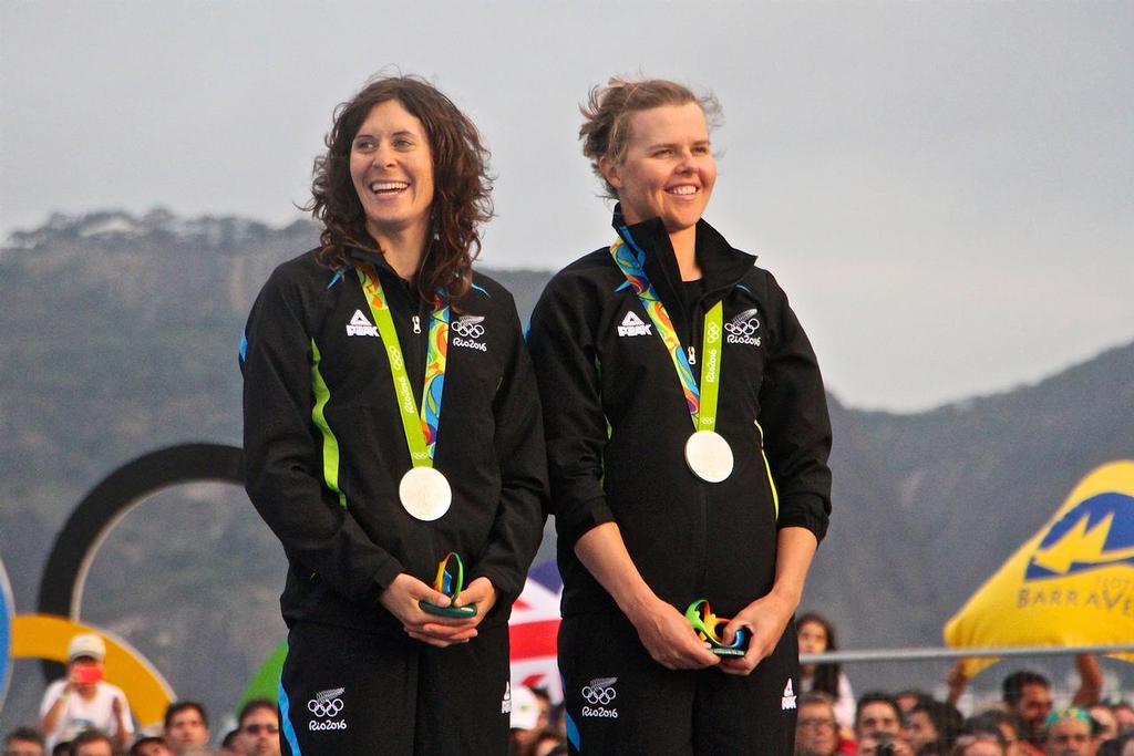 Jo Aleh and Polly Powrie after being presented with their Silver Medals Womens 470 class - 2016 Olympic Regatta photo copyright Richard Gladwell www.photosport.co.nz taken at  and featuring the  class