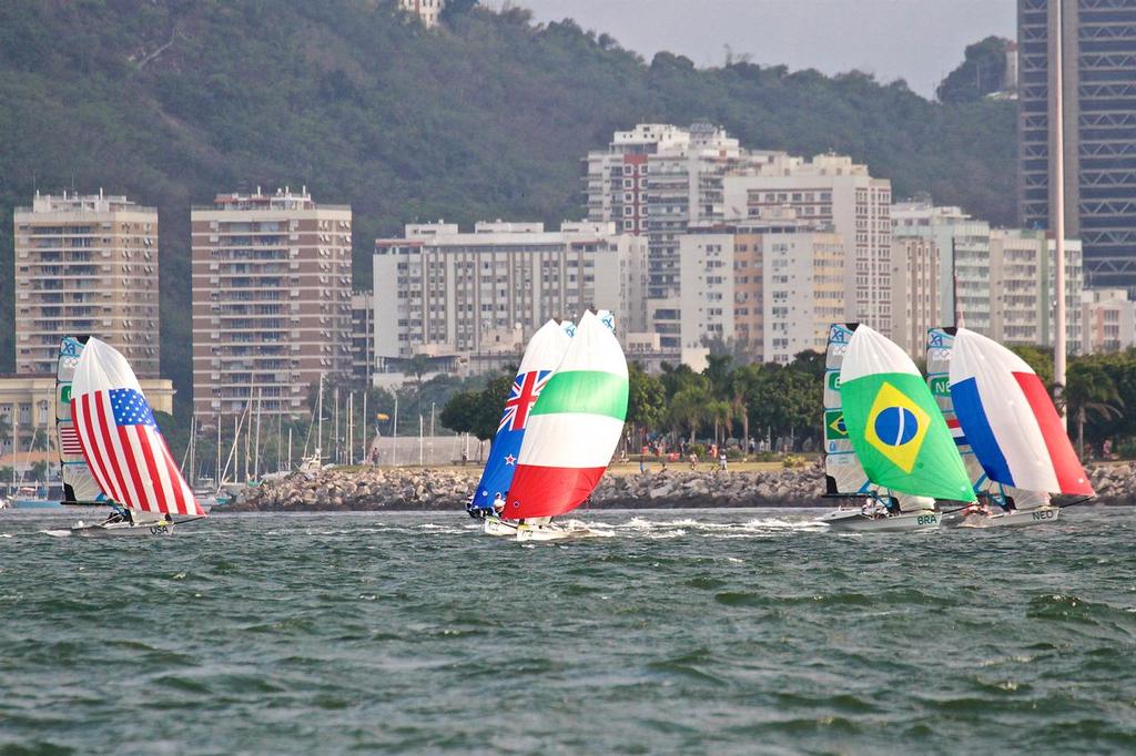 Too close to call on leg 2 - 49er FX Medal race - 2016 Sailing Olympics - photo © Richard Gladwell www.photosport.co.nz