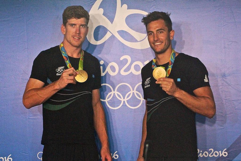 Peter Burling and Blair Tuke with their medals in the Sailing Media Centre at Rio de Janeiro - photo © Richard Gladwell www.photosport.co.nz