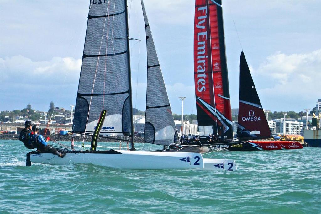 RNZYS Youth program Nacra 20 lines up against the adults - Emirates Team NZ returning from a Test Sail - Dec 6, 2016 photo copyright Richard Gladwell www.photosport.co.nz taken at  and featuring the  class