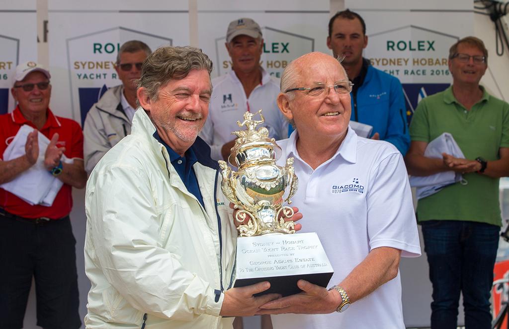 Jim Delegat of Giacomo is presented with the Tattersall's Trophy by CYCA Commodore John Markos photo copyright Crosbie Lorimer http://www.crosbielorimer.com taken at  and featuring the  class