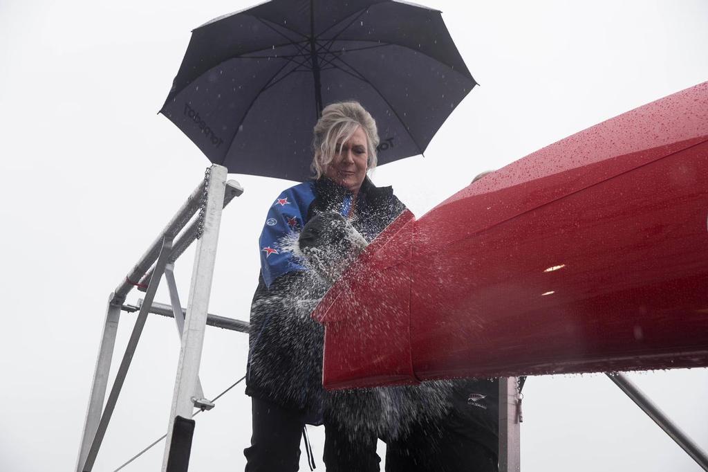 Tina Symmans christens the Emirates Team New Zealand AC50 “New Zealand “ that will compete at the 35 America’s Cup in Bermuda 
picture by Emirates Team New Zealand
<P>


        

        <div class=