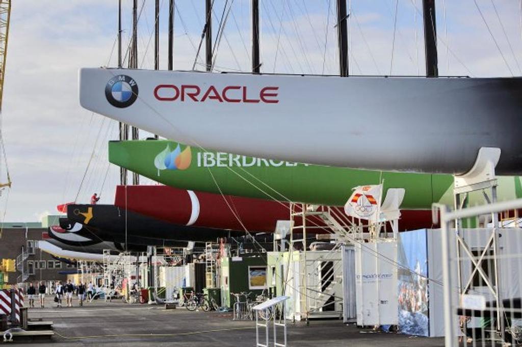 The line-up from the monohull era - Unveiling day. Valencia, 2007. photo copyright Gilles Martin-Raget/Oracle Racing.com http://www.oracleteamusamedia.com/ taken at  and featuring the  class