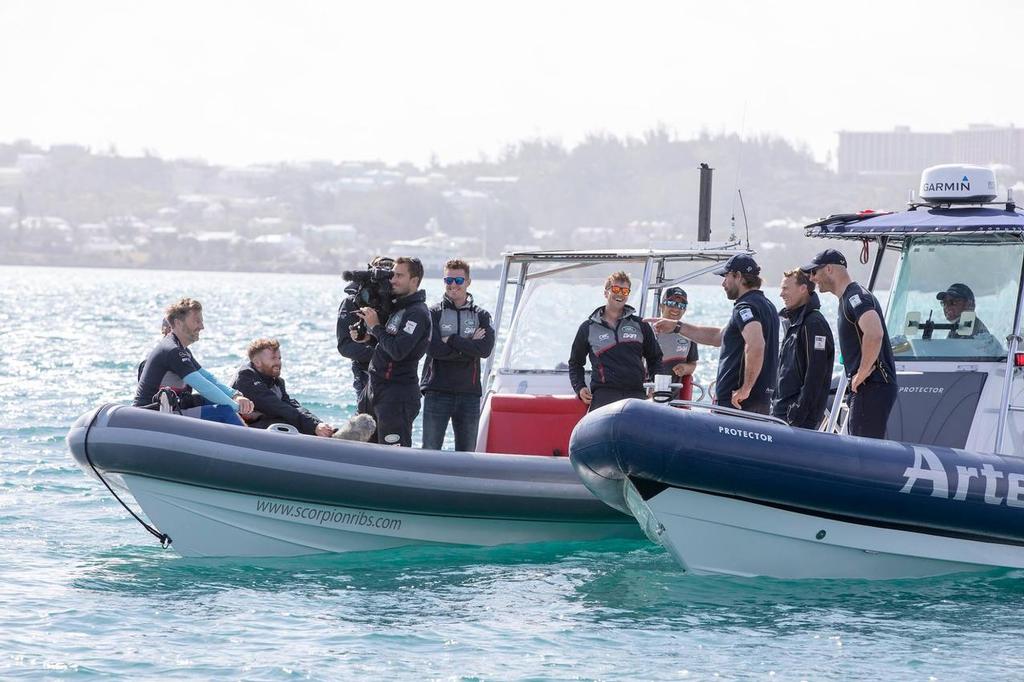 Artemis Racing have a chat with the Land Rover BAR spy team out on the Great Sound - photo © SW
