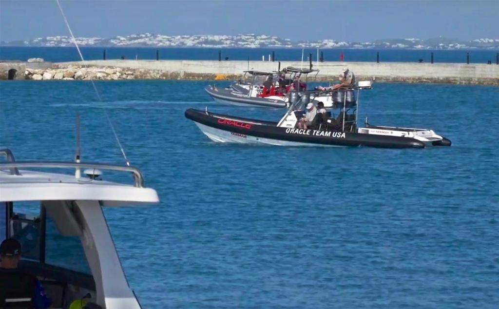 A fleet of spy boats await - Emirates Team New Zealand - first sail in Bermuda - April 23, 2017 - photo © Emirates Team New Zealand http://www.etnzblog.com