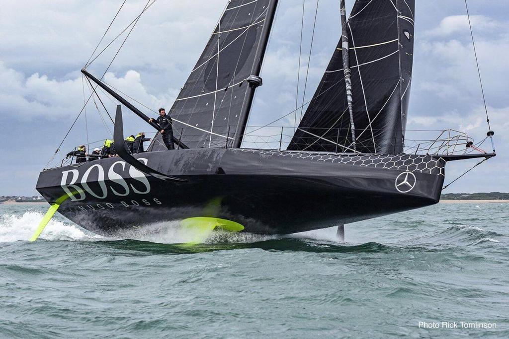 The foiling monohull Hugo Boss reaching in the Rolex Fastnet Race 2017 photo copyright  Rick Tomlinson http://www.rick-tomlinson.com taken at  and featuring the  class