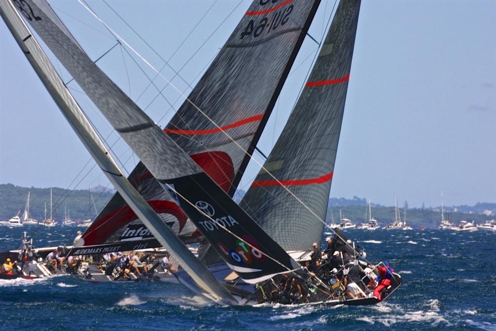 Alinghi crosses in front of Team New Zealand on the first leg of Race 1 of the 2003 America's Cup photo copyright Bob Greiser/America's Cup taken at  and featuring the  class