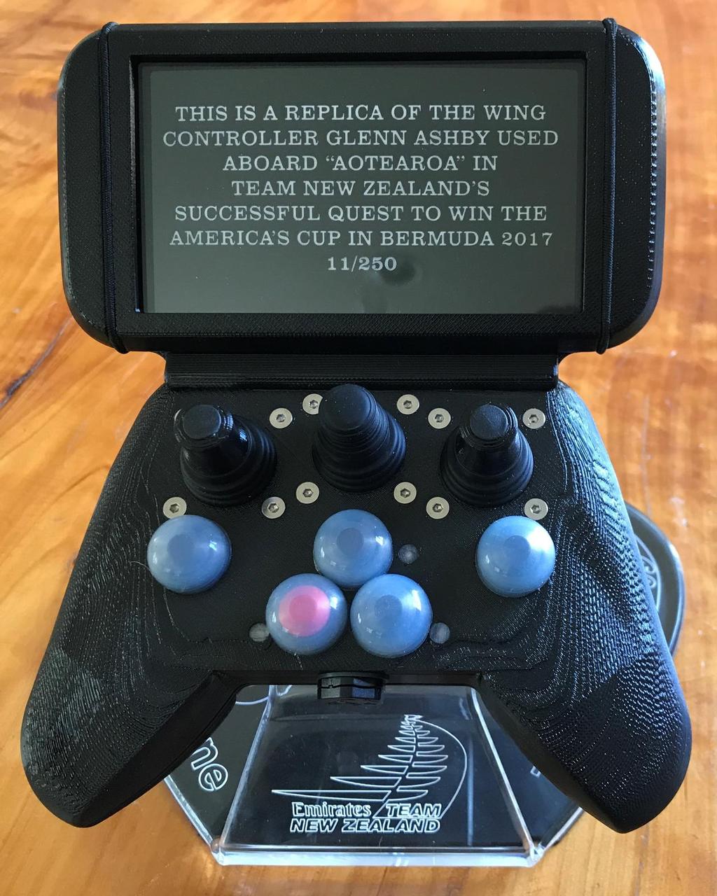 Mounted replica of the ``X-Box`` controller used by wingsail trimmer Glenn Ashby on Emirates Team New Zealand. Built by ETNZ Electronics Engineer Barry Heathwaite.. photo copyright Barry Heathwaite taken at  and featuring the  class