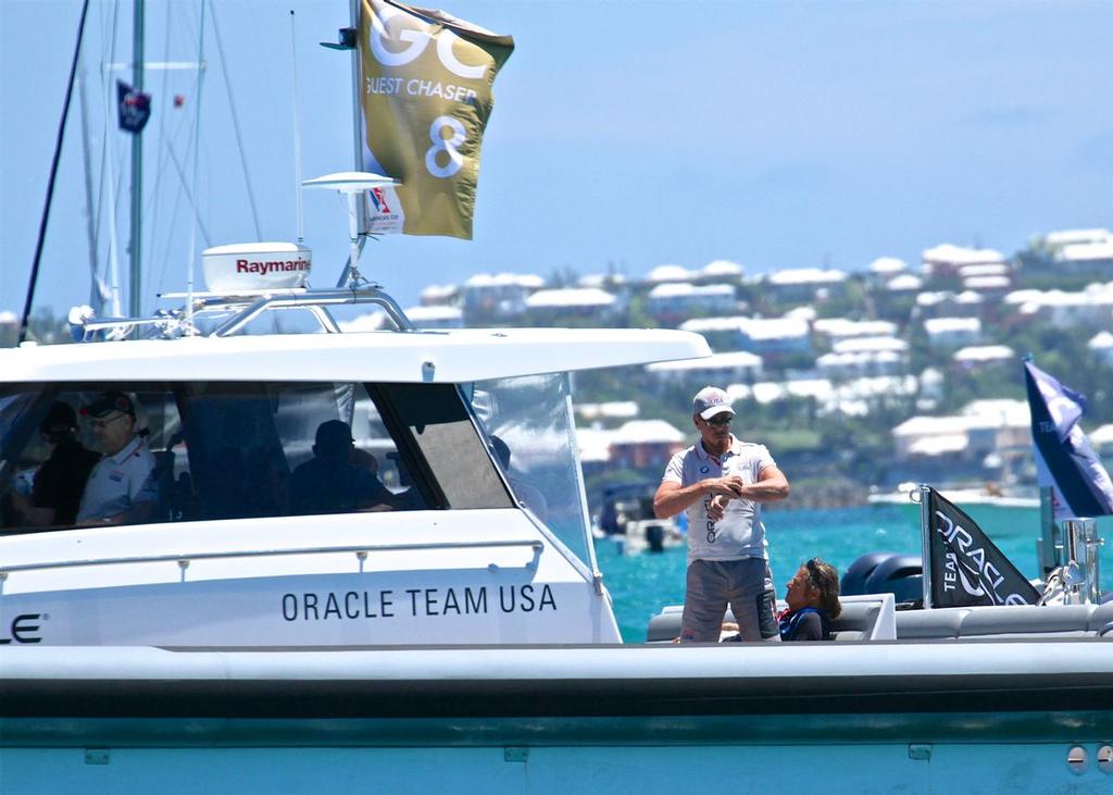 Oracle Team USA's Larry Ellison sets watch ahead of a race start in the America's Cup Match photo copyright Richard Gladwell www.photosport.co.nz taken at  and featuring the  class