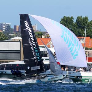 Race 1 – Appliancesonline pulls behind a passenger ferry on the run to the wing mark in Rose Bay – 18ft Skiffs NSW Championship photo copyright  Frank Quealey / Australian 18 Footers League taken at  and featuring the  class