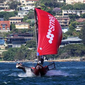Race 1 – The crew of Smeg make it look easy on the run to the finish line – 18ft Skiffs NSW Championship photo copyright  Frank Quealey / Australian 18 Footers League taken at  and featuring the  class