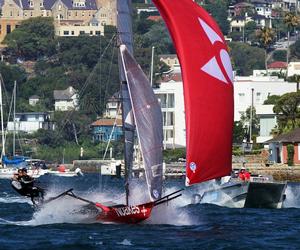 Race 1 – The video team give viewers a close up look at second-placed Noakesailing on the run to the finish – 18ft Skiffs NSW Championship photo copyright  Frank Quealey / Australian 18 Footers League taken at  and featuring the  class