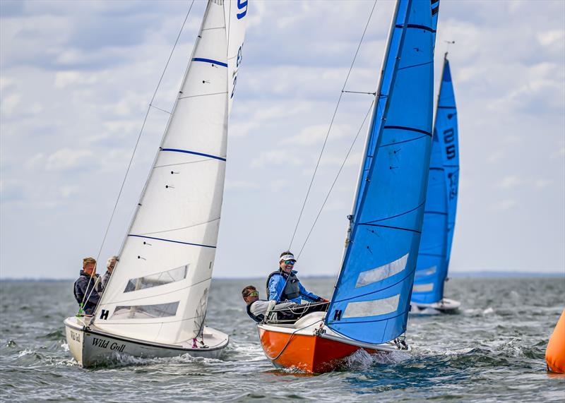 Fanta sea, sail number 23 (Johnno & JoJo Giles) and Wild Gull, sail number 29 (Kevin Whittle & Matt Lis)  racing on Saturday during the Sandhopper Nationals at Thorpe Bay photo copyright David Maynard / www.alleycatphotographer.com taken at Thorpe Bay Yacht Club and featuring the Sandhopper class
