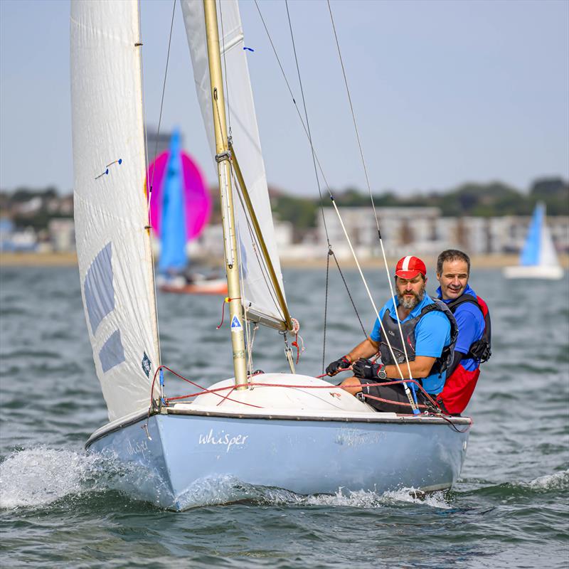 Whisper (Paul Wilkinson & Craig Beech) racing on Saturday during the Sandhopper Nationals at Thorpe Bay photo copyright David Maynard / www.alleycatphotographer.com taken at Thorpe Bay Yacht Club and featuring the Sandhopper class