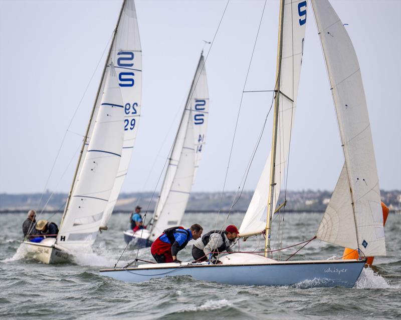 Whisper, Sail number 40 (Paul Wilkinson & Craig Beech) followed around the spreader by Wild Gull, sail number, 29, Zeus, sail number 14, on Sunday during the Sandhopper Nationals at Thorpe Bay photo copyright David Maynard / www.alleycatphotographer.com taken at Thorpe Bay Yacht Club and featuring the Sandhopper class
