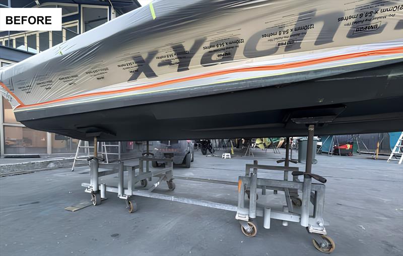 Before: 5+ layers of antifoul paint removed from the X-Yachts tender in 7 hours (4 hours dwell time) by Mac Marine using AXE Antifoul Paint Remover—zero scraping, zero solvents, zero sandblasting, and zero hull damage photo copyright Scandinavian Marine taken at  and featuring the  class
