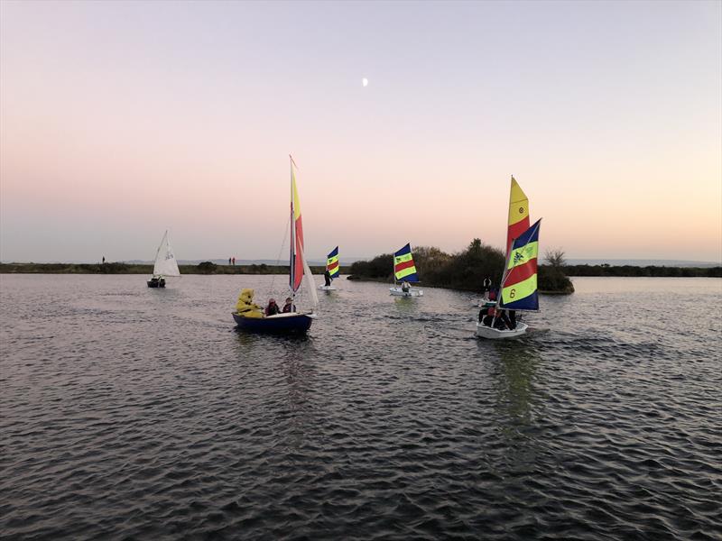 Pudsey sails in to finish the 20th Salterns Sail-a-thon photo copyright Salterns Sailing Club taken at Salterns Sailing Club and featuring the Scow class