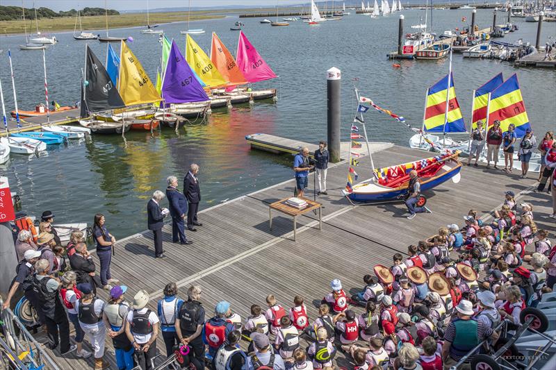 The Commodore, Roger Garlick gives a short speech of welcome before HRH names the new Lymington River Scow on the 35th Anniversary of Royal Lymington Yacht Club's Wednesday Junior Sailing programme photo copyright Alex Irwin / www.sportography.tv taken at Royal Lymington Yacht Club and featuring the Scow class