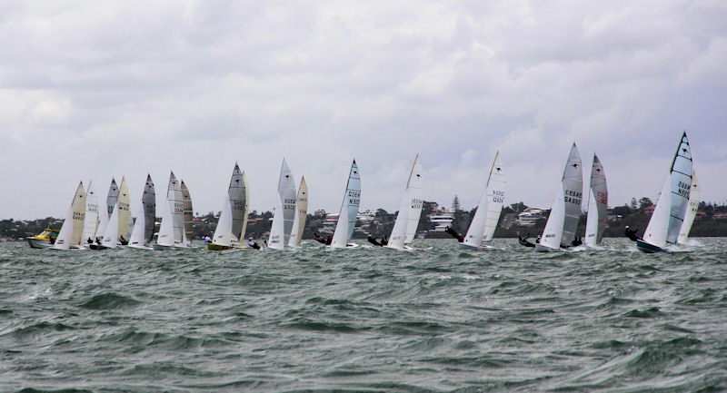 Lining up on the start line on the final day of the Australian Sharpie Championships photo copyright Chris Murray taken at Royal Queensland Yacht Squadron and featuring the Sharpie class