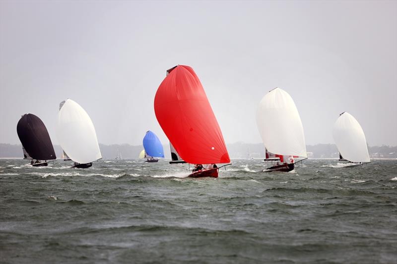 Downwind leg - Australian 16ft and 13ft Skiff Championships, day 1 photo copyright Mark Rothfield taken at Port Stephens Sailing and Aquatic Club and featuring the 16ft Skiff class