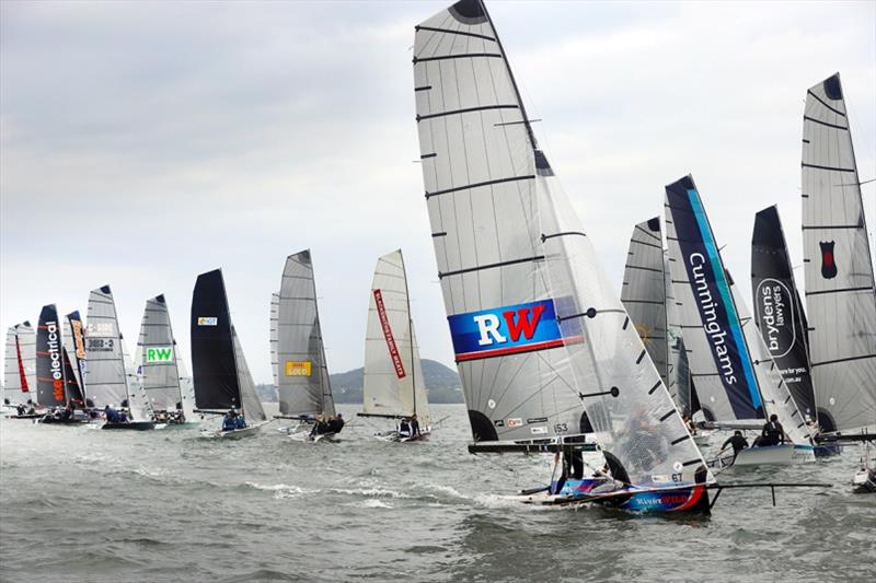 River Wild seeking a startline gap - Australian 16ft and 13ft Skiff Championships, day 4 photo copyright Mark Rothfield taken at Port Stephens Yacht Club and featuring the 16ft Skiff class