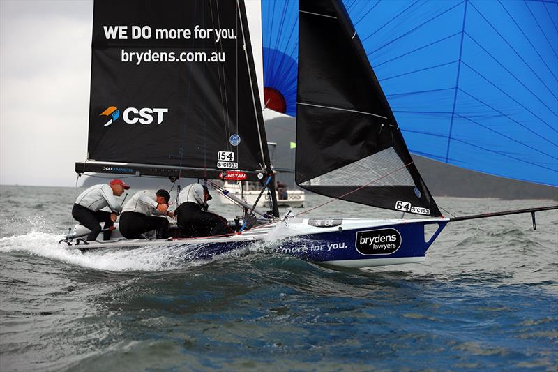 Race 9 Brydens Lawyers crossing line - 2020 Australian 16ft and 13ft Skiff Championships  photo copyright Mark Rothfield taken at Port Stephens Sailing and Aquatic Club and featuring the 16ft Skiff class