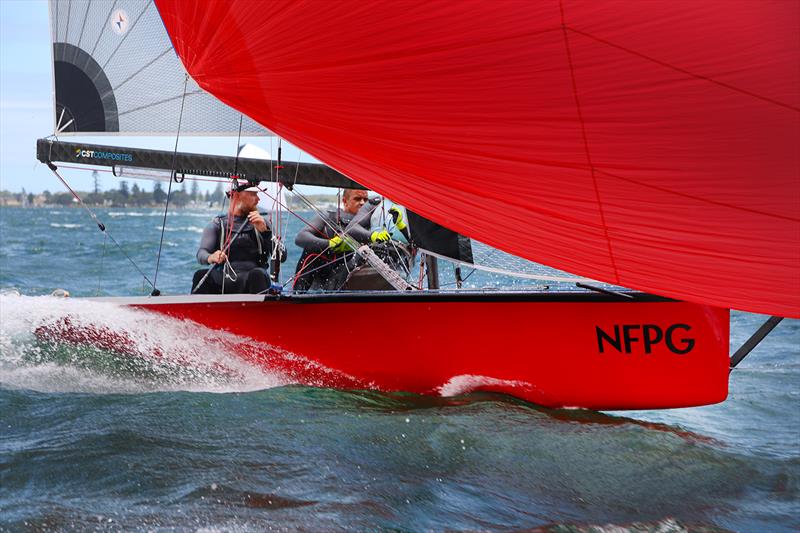 NFPG on day 3 of the Red Pumps 16ft Skiff Australian Championships 2021-22 photo copyright Mark Rothfield taken at Belmont 16ft Sailing Club and featuring the 16ft Skiff class
