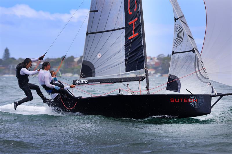 Close call on Sutech on day 4 of the Red Pumps 16ft Skiff Australian Championships 2021-22 photo copyright Mark Rothfield taken at Belmont 16ft Sailing Club and featuring the 16ft Skiff class