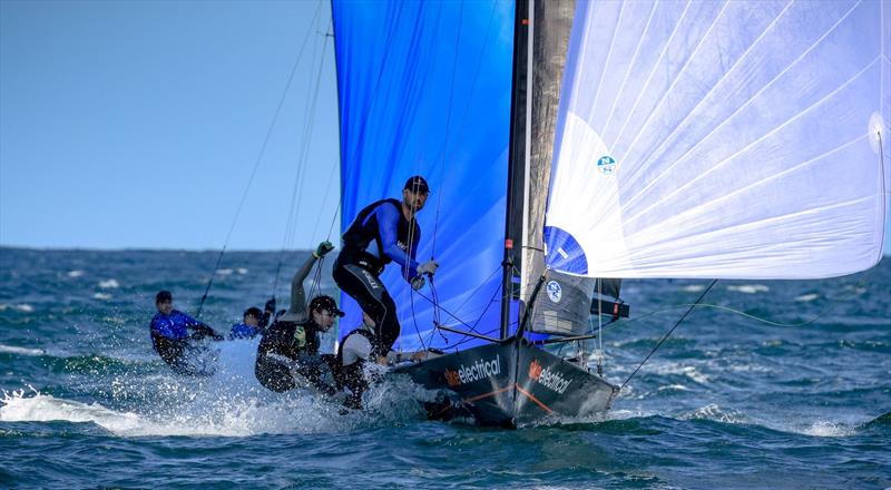 SKE Electrical on day 5 of the 2023 Australian 16ft Championships photo copyright SailMedia taken at Manly 16ft Skiff Sailing Club and featuring the 16ft Skiff class