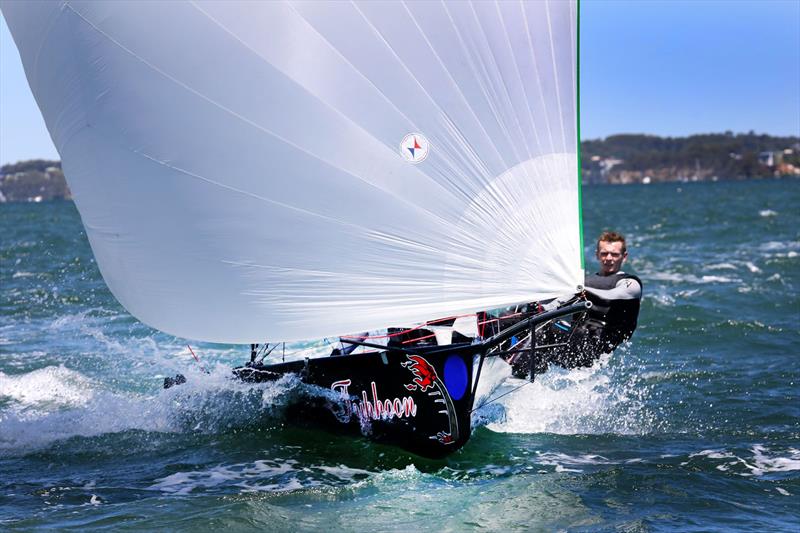 Simon Hoffman trimming on Typhoon during the final of the Australian Sprint Series at Belmont photo copyright Mark Rothfield, Promocean Media taken at Belmont 16ft Sailing Club and featuring the 16ft Skiff class