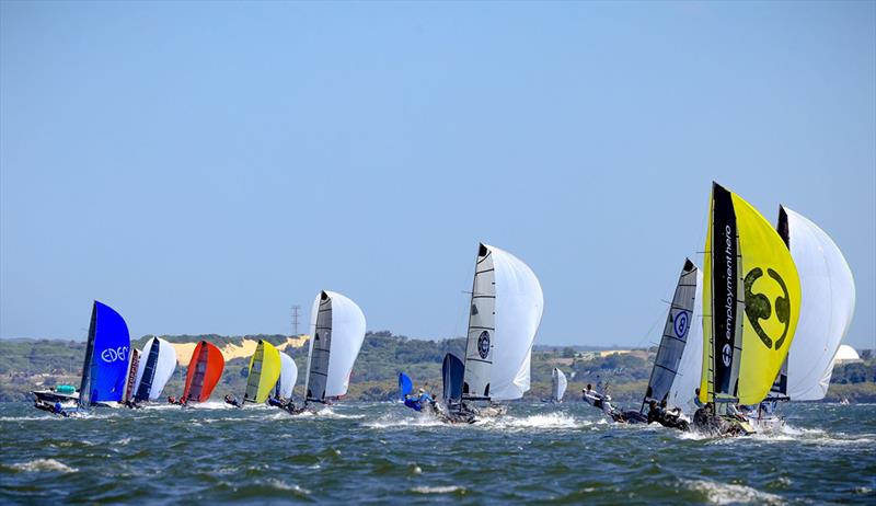 Fleet heading to Bonna Point - 113th Botany Bay Championships photo copyright SailMedia taken at Manly 16ft Skiff Sailing Club and featuring the 16ft Skiff class