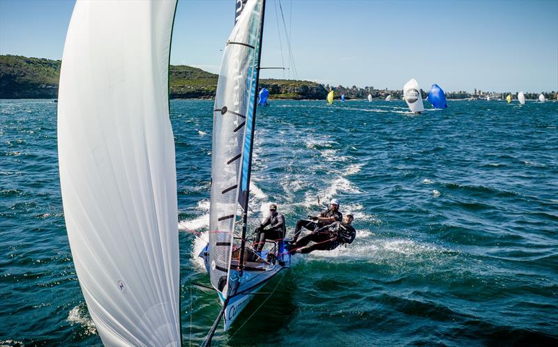 Cunningham leads - Manly 16s Club Championship Heats 8,9 photo copyright Sail Media taken at Manly 16ft Skiff Sailing Club and featuring the 16ft Skiff class