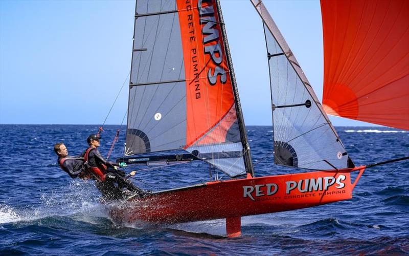 Red Pumps - Tyler Dransfield 3rd Place Long Pointscore Heat 5 photo copyright SailMedia taken at Manly 16ft Skiff Sailing Club and featuring the 16ft Skiff class